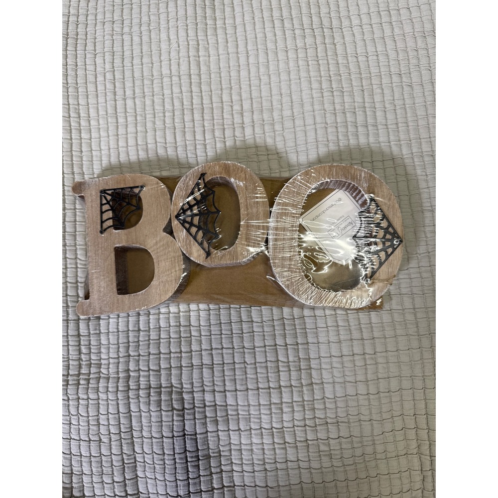 Adams & Co Wood BOO Halloween Block Sign Spiderweb Accents Natural Farmhouse